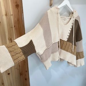 POL Cream & Green Patched Knotted Oversized Cropped Hoodie